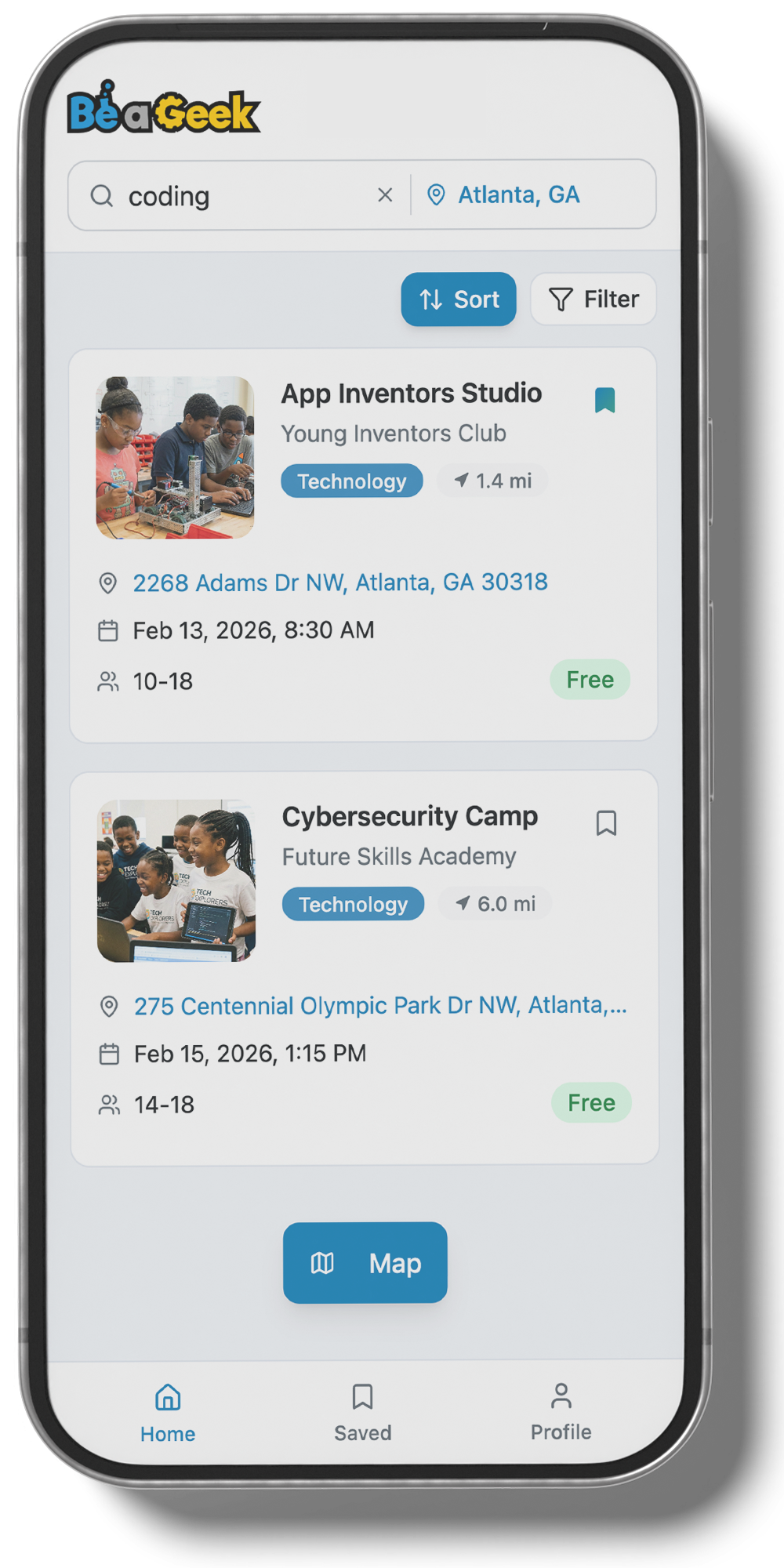 Be A Geek Discover app on a phone showing nearby STEM programs