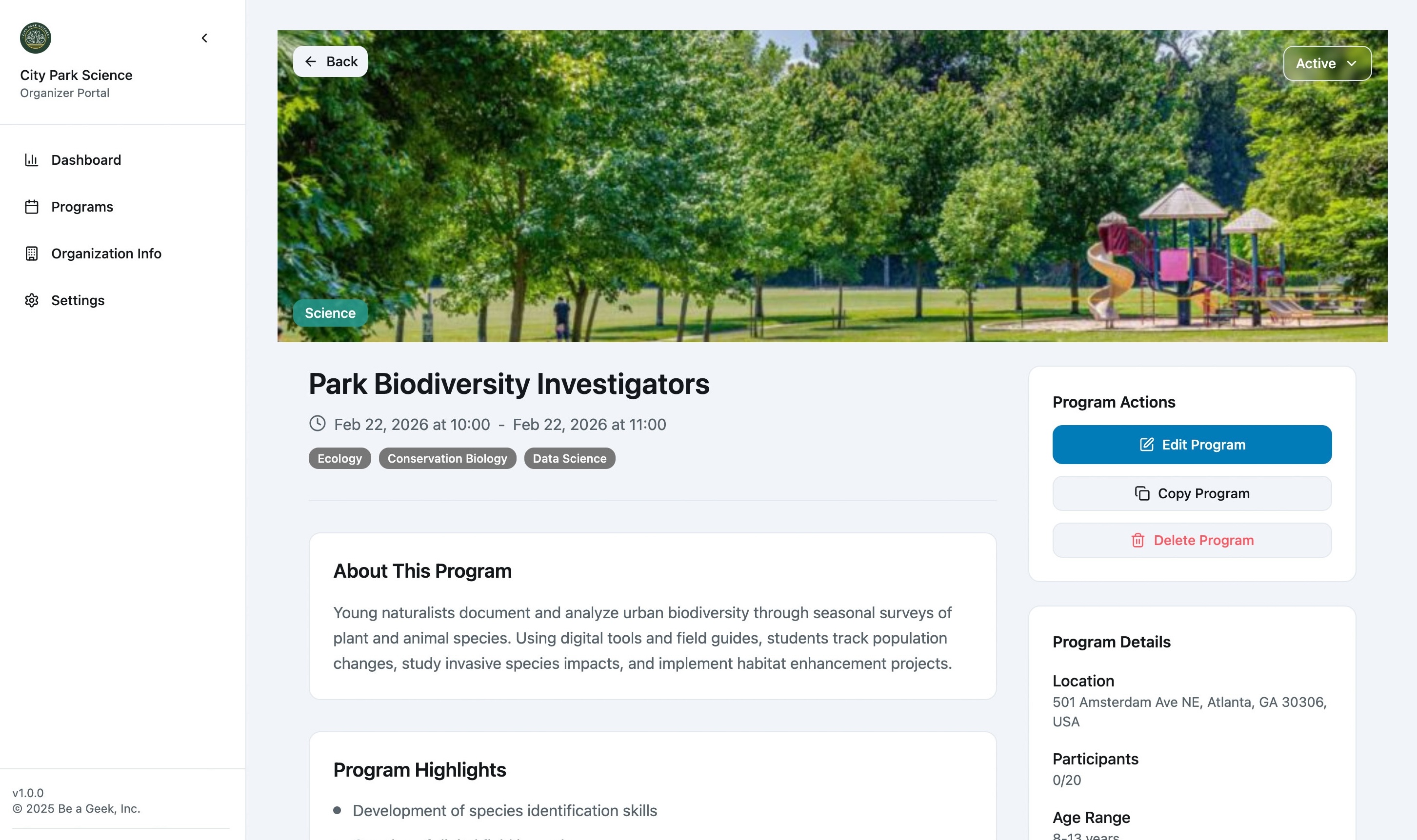 Organizer dashboard preview